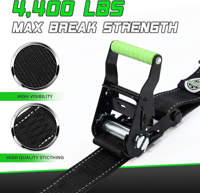 Heavy Duty Wheel Chock Tie Down Straps Set (2PK) - 4,400lb Guaranteed Max Break Strength, (2) 2" x 8' Trailer Tire Straps with (4) Wheel Chocks for ATV, UTV or Tractors