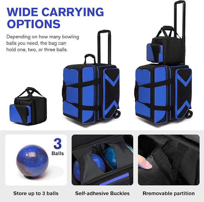 3 Ball Bowling Bags with Wheels and Shoes Compartment, Roller with Multipocket, 2 Ball Bowling Roller Bag + 1 Ball Color Matching Add On Tote (Blue-Black)
