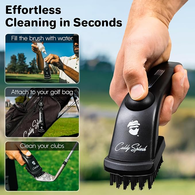 Caddy Splash Golf Club Brush Pro with Water- Heavy Duty Retractable Clip- Push Button for Easy Cleaning- Nylon Bristles- Holds 4 Oz- Golf Accessories for Men- Best Golf Gift - USA Company (Black)