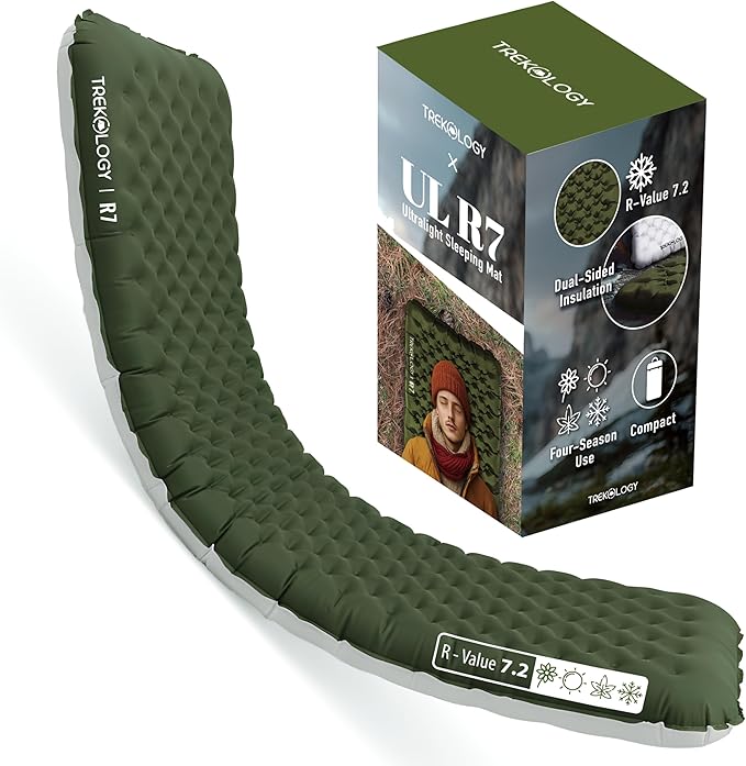 TREKOLOGY Sleeping Pad for Camping– Ultra-Lightweight, 4" Thick Camping Mat with 7.2 R-Value for All Seasons (Green)