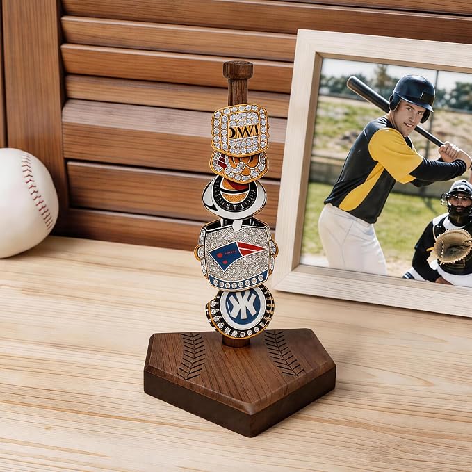 Walnut Wooden Baseball Softball Championship Ring Holder, Softball Ring Organizer Display, Solid Wood Baseball Ring Holder Gift for Boys Girls, Baseball Accessories Storage - Single