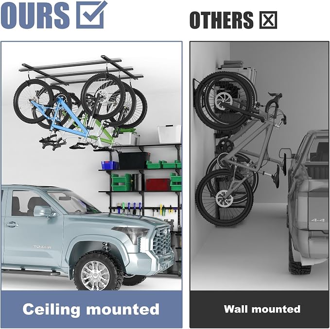 WALMANN Garage Ceiling Bike Rack, Adjustable Overhead Bicycle Storage System – Stores 3 Bikes Horizontally or 6 Bikes Vertically, Ceiling-Mount Bike Hanger for Road & Mountain Bikes
