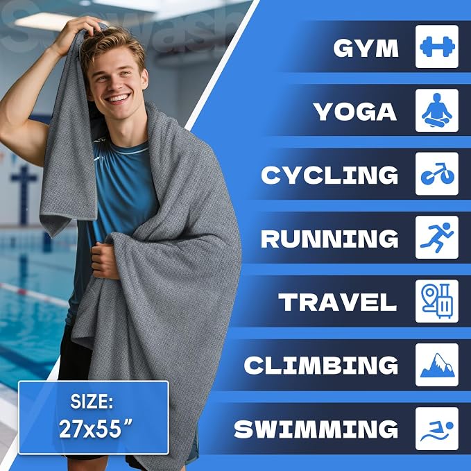 Microfiber Gym Towels for Showering Working Out Quick Dry Negative ions Large Middle Small Sizes Lightweight Gym Towel for Men Women Tennis Sports Towels for Body Hot Yoga Fitness Essentials