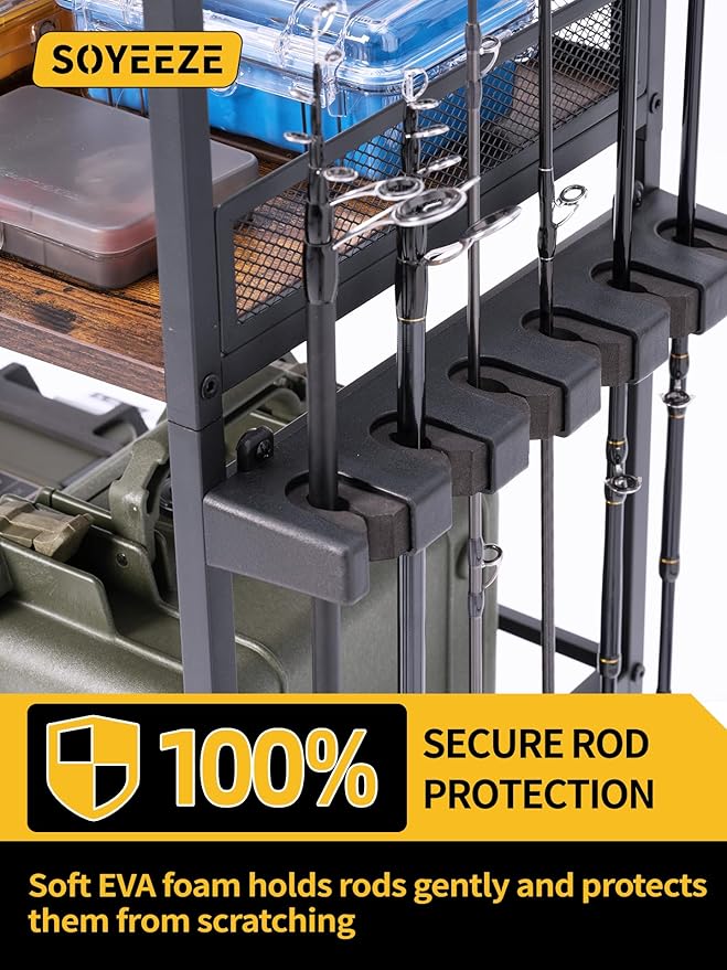 SOYEEZE Fishing Rod Holders for Garage, 3-Tier Fishing Pole Rack with Pegboard and Metal Mesh Fence, Fishing Gear Organizer with Hooks Up to 12 Rods, Rolling Fishing Storage Cart with Lockable Wheels