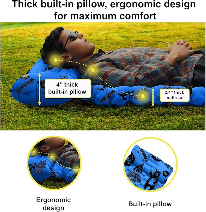 Inflatable Sleeping pad for Kids, Toddler and Youth | Air Mattress w Built-in Pump, 5’5” Ultralight Sleeping Mat with Pillow for Camping, Sleepovers & Travel | Airpad, Kids Cot, Camping Mattress -Blue
