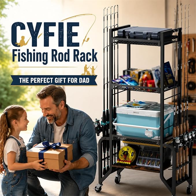 Cyfie 4-Tier Fishing Rod Rack – Mobile Heavy-Duty Fishing Rod Holder for Indoor & Outdoor Use, Organize Up to 10 Rods, Gear & Tackle, Garage, Pool Room Storage