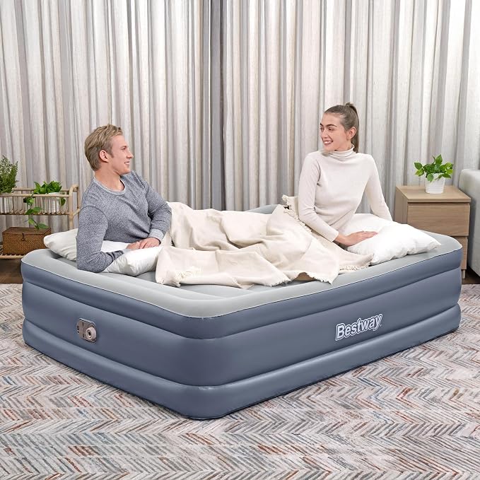 Bestway Tritech, 20" Thick Durable Comfortable Air Mattress Pad for Portable Relaxation with Built-in AC Pump and Storage Bag, Queen Size