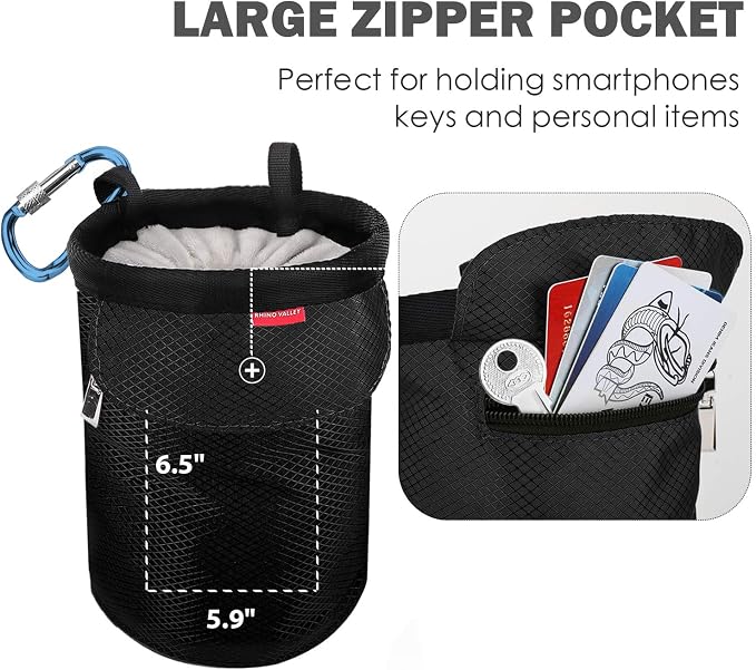 Rhino Valley Climbing Chalk Bag, No Leak Drawstring Chalk Bag with Adjustable Belt, Carabiner Clip and Zippered Pockets Chalk Bag for Rock Climbing, Cross Fit, Weight Lifting & More