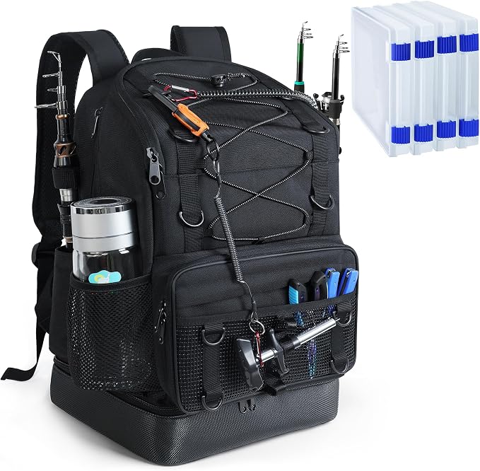 Fishing Backpack with 4 Tackle Boxes, Heavy Duty Fishing Bag with Waterproof Bottom, Tackle Backpack Gifts for Man Woman-Pure Black