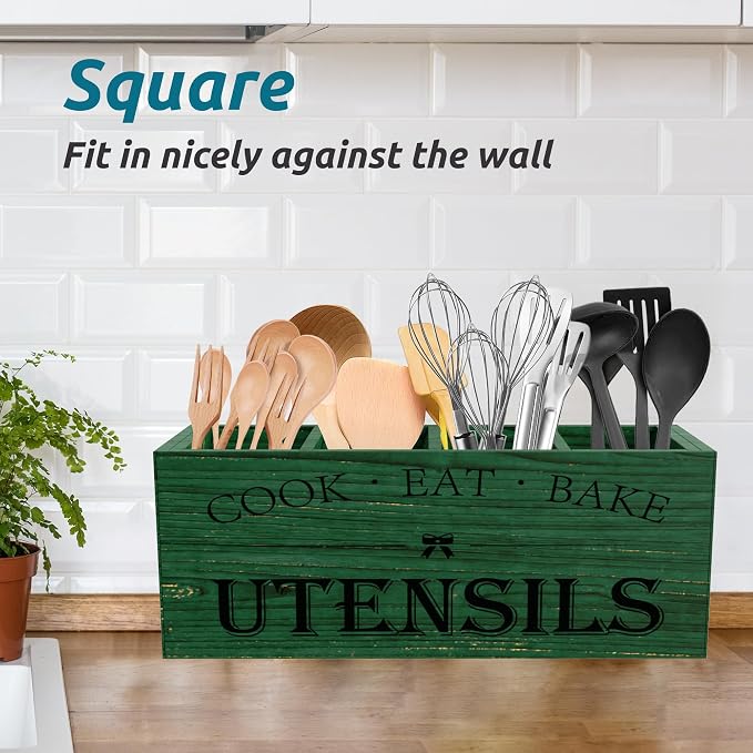 Suli Extra Large Kitchen Utensils Holder with 4 Compartments, Wooden Utensil Organizer for Kitchen Countertop, Farmhouse Decor, Rustic Cooking Utensil - Green grain