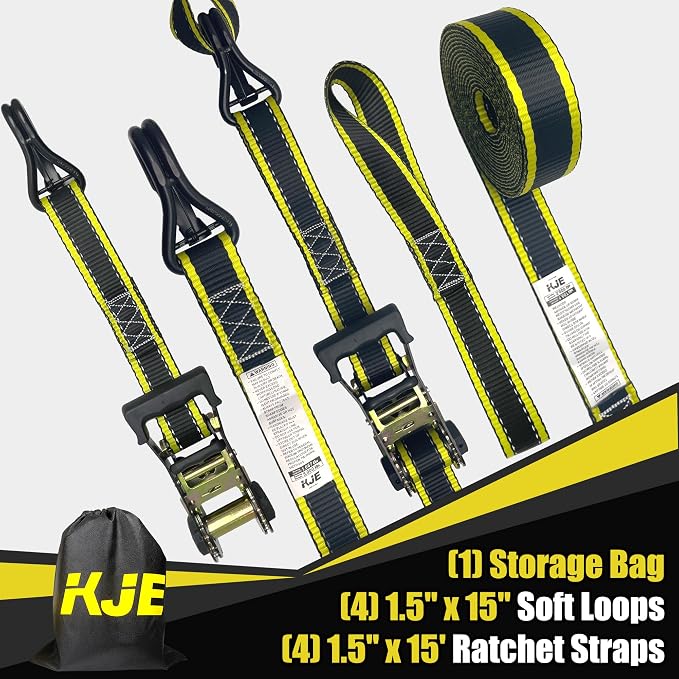 KJE Reflective Ratchet Straps, (4) 1.5" x 15' Tie Down Strap Sets + (4) Soft Loops, TPR Handles & Coated J Hook W/Safety Clip, 6,000lb Break Strength, Cargo Strap for Car, Motorcycle, ATV