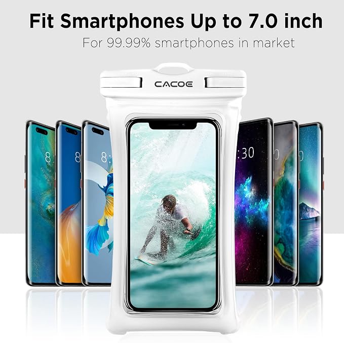 CACOE [Floatable] Floating Universal Waterproof Phone Case 2 Pack-Up to 7.0",Phone Pouch with Adjustable Neck Lanyard,IPX8 Cellphone Dry Bags for Vacation Water Activities（Black+White）