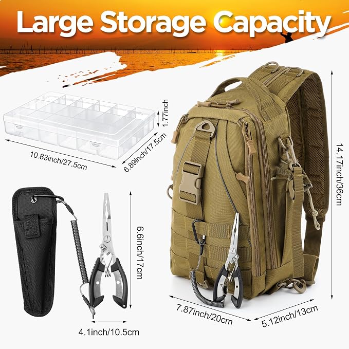 RoundFunny 85 Pcs Fishing Backpack with Tackle Boxes, Tackle Sling Bag with Rod Holder, Fish Lures and Pliers, Fish Tools Gears & Equipment Father's Day Fishing Gift for Dad Men
