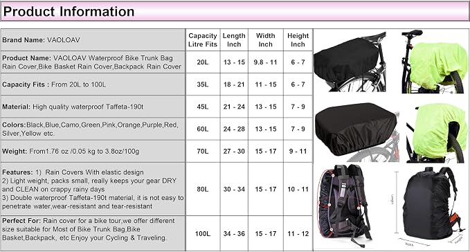 100L Bicycle Rear Rack Rain Cover with Reflective Strip Bike Trunk Rain Cover Black