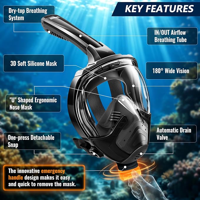 Aegend Full Face Snorkel Mask for Adults Youth, Snorkeling Gear with Emergency Removal Handle, Latest Dry Top System 180° HD View Safe Breathing, Anti-Fog Anti-Leak