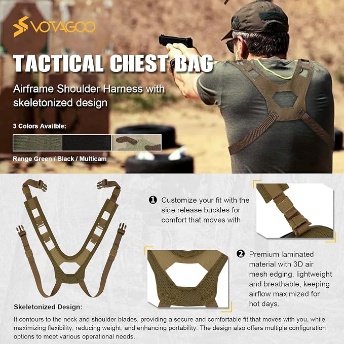 VOTAGOO GEAR Tactical Chest Rig Bag, 3L Utility Hypalon Molle Chest Rig With Map Pocket 500D Cordura Chest Bag for Hunting Workouts (Ranger Green)