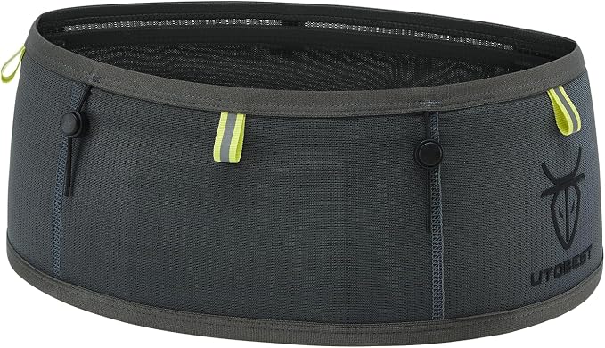 UTOBEST Running Belt for Men & Women, Bounce-Free Running Waist Pack Fits All Phones, 4-Pocket No Zipper Trail Running Belt Fits 500ml Soft Flask, Pole Carry Straps for Race, Trail (B7 Pro-Grey, 3XL)