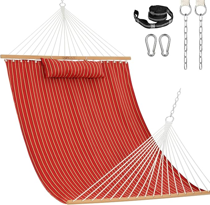 Lazy Daze Hammocks 12 FT Sunbrella Fabric Hammock Non-Fading with Spreader Bars and Free Pillow Fits for 2 Persons, All Weather and Fade Resistant for Patio Yard, 450 lbs Capacity, Harwood Crimson