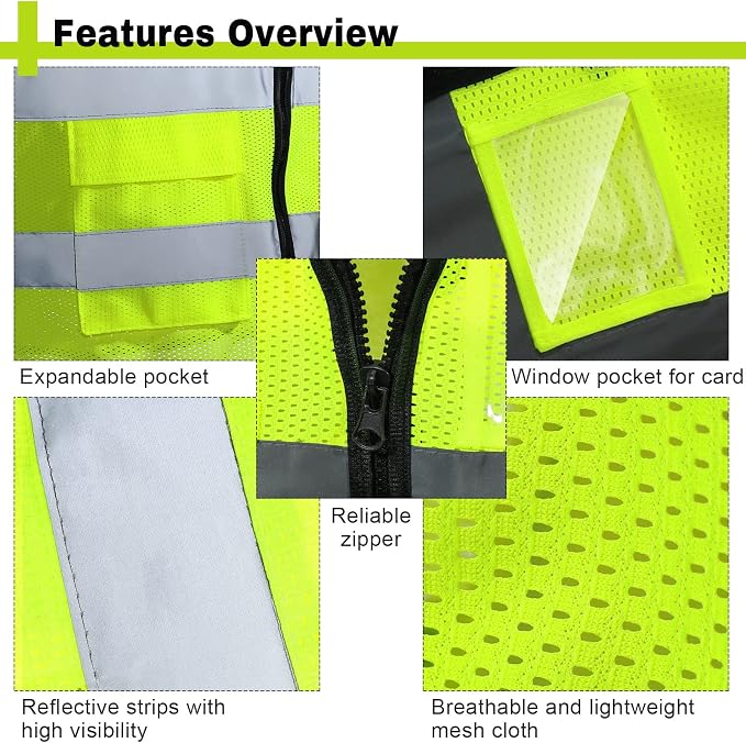 Newcotte 40 Pack Safety Vests Bulk Yellow Reflective High Visibility Vest with Mesh Pocket Zipper, Hi Vis Silver Strip for Men, Neon