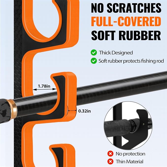 PLUSINNO H5P Fishing Rod/Pole Holders for Garage, Fishing Rod Holder Ceiling or Wall Mounted Rod Rack, Fishing Gear Equipment Storage Organizer Holds up to 5 Rods or Combos or Nets