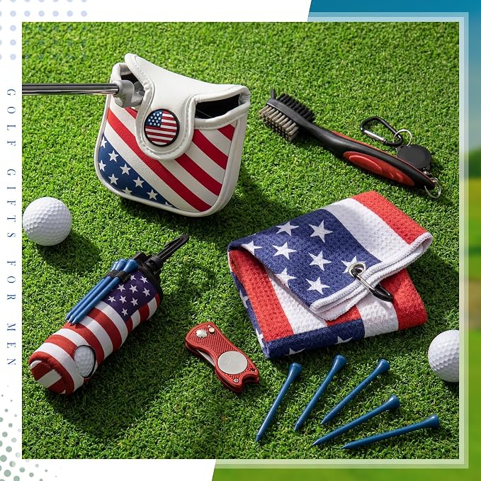 13 Pcs American Flag Golf Accessories Kit, Patriotic Mallet Putter Cover Set with Towel, Tees, Ball Bag & Divot Tool, 4th of July 250th Golf Gifts for Men Father