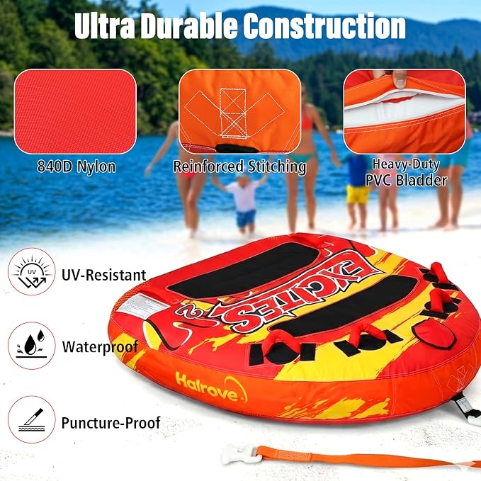 Dreamtrue 1-2 Person Inflatable Towable Tube for Boating, 340 LBS Capacity Heavy-Duty Water Tube with 840D Nylon Cover, 4+2 Safety Grips, EVA Padded, Quick Inflate/Deflate Towable Tube for Adults