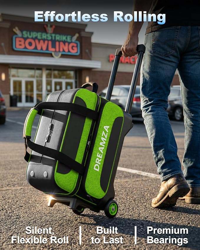 2 Ball Bowling Bag with Wheels, Double Bowling Ball Bag 2 Ball Roller w/Separate Compartment for Shoes Up to US Mens Size 16, w/Retractable Handle Extends to 40" & Accessories Pocket
