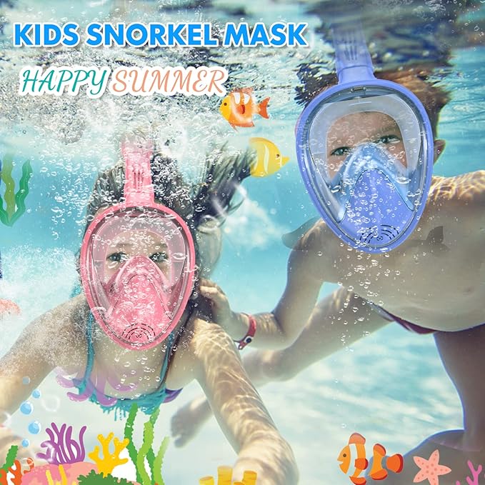 Kids Snorkel Mask Full Face, Snorkeling Gear for Kids with Camera Mount, 180 Degree Panoramic View Snorkeling Set Anti-Fog Anti-Leak