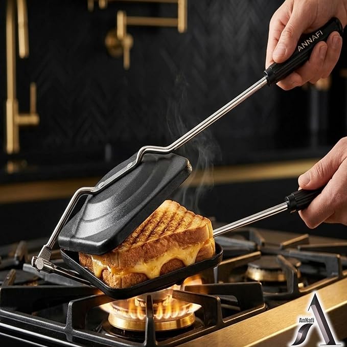 AnNafi® Sandwich Maker | Sandwich Press Grill For Gas Stove | Non Stick Hand Toaster Pan For Hot & Crisp Grilled Cheese Sandwiches & Cubano | Easy to Use Cast Iron Flying Saucer For Outside Campfire