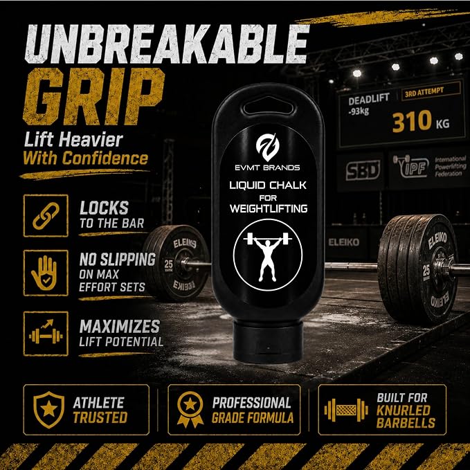 EVMT Brands Liquid Chalk, Mess Free Gym Chalk for Weightlifting, Gymnastics, Rock Climbing, Dancing. Sweat Resistant and Long Lasting for Stronger Grip.