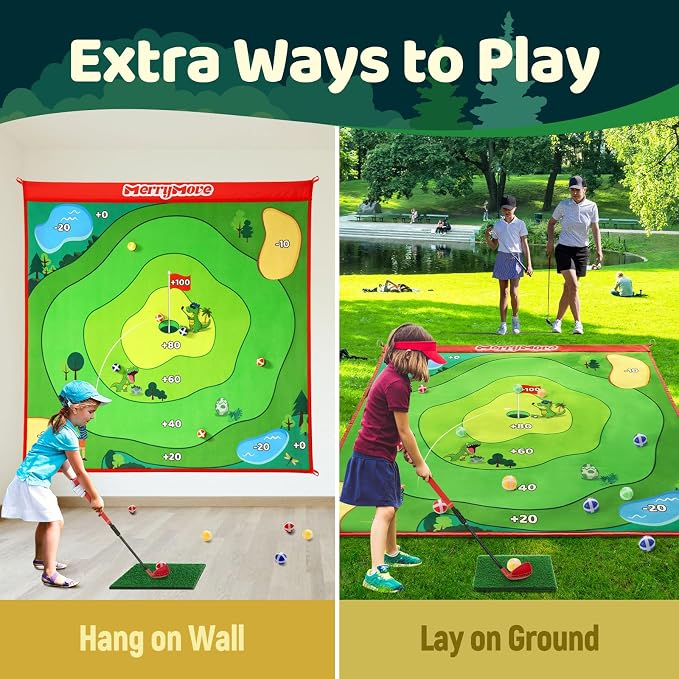 Golf Chipping Game Set with Adjustable Club, Large Target Golf Games Fun, 20 Sticky Balls, Portable Family Yard Game for Adults Kids, Indoor & Outdoor Golf Party