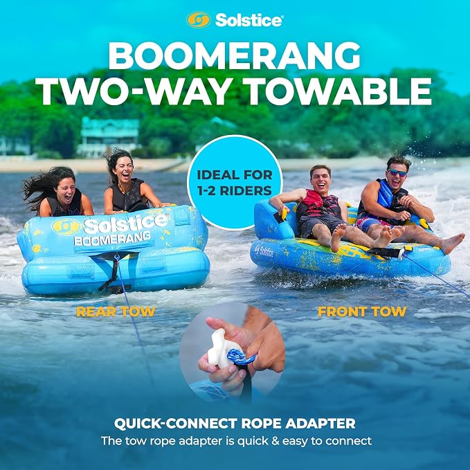 SOLSTICE 2-Person Inflatable Boomerang Towable with Front & Rear Tow Points - Versatile High-Speed Tube for Lake, River, Beach & Swimming Pool, 14 Handles & Built-In Backrests