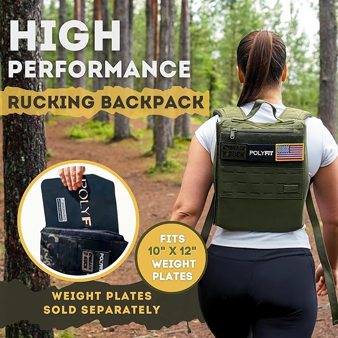 Polyfit Rucking Backpack 2.0 - Weighted Ruck Pack for Weight Plates - Patent Pending Side-Loading Rucksack for Walking, Running, Rucking, Strength and Endurance Training - Black Camo