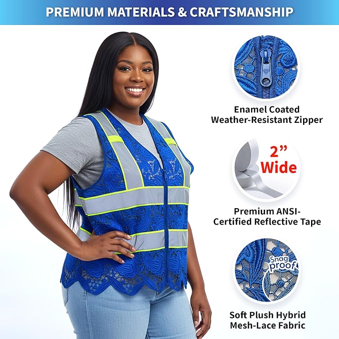 Lace-Mesh Safety Vest for Women & Men - Breathable, High Visibility Vest with Zipper & ANSI Class 2 Reflective Strips