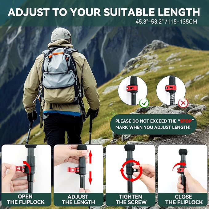 Carbon Fiber Trekking Poles 2-Pack - Lightweight Collapsible Hiking Sticks with Cork Grip & Quick-Lock System, Portable Walking Poles for Travel & Backpacking, Suitable for Men, Women and Seniors