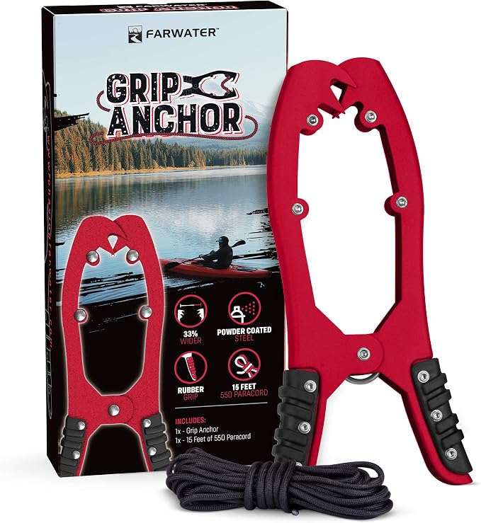 Canoe Anchor Grip - Boat, Float Tube & Kayak Fishing Accessories, Kayaking Equipment - Brush Clamp Anchor with Teeth - Gripper with 15ft Paracord - Rubber Grips - Coated Steel -