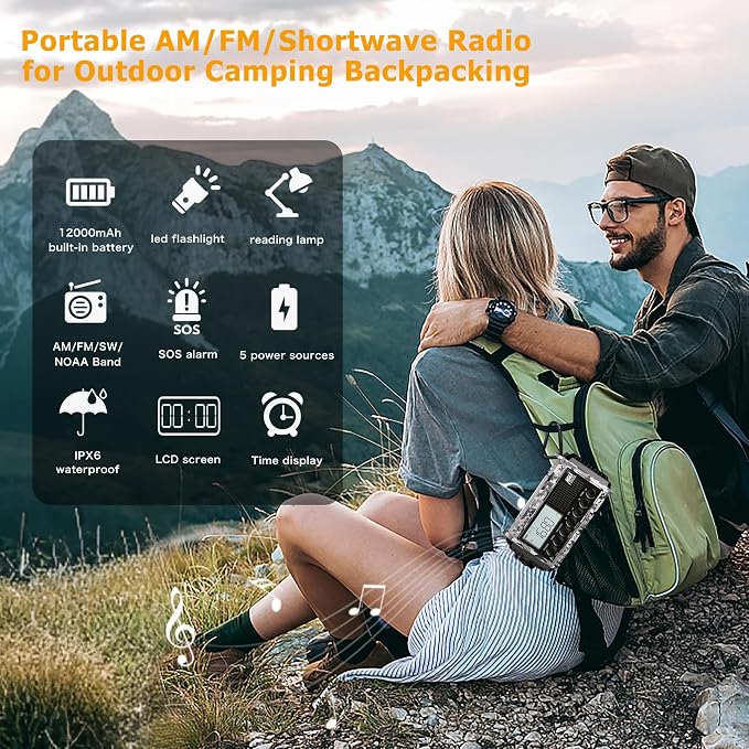 Eoxsmile Emergency Radio 12000mAh with NOAA Weather Alert | Solar, Hand Crank, Battery AM/FM/Shortwave with Type-C Charger, Flashlight, SOS for Hurricane, Camping, Outdoor Survival