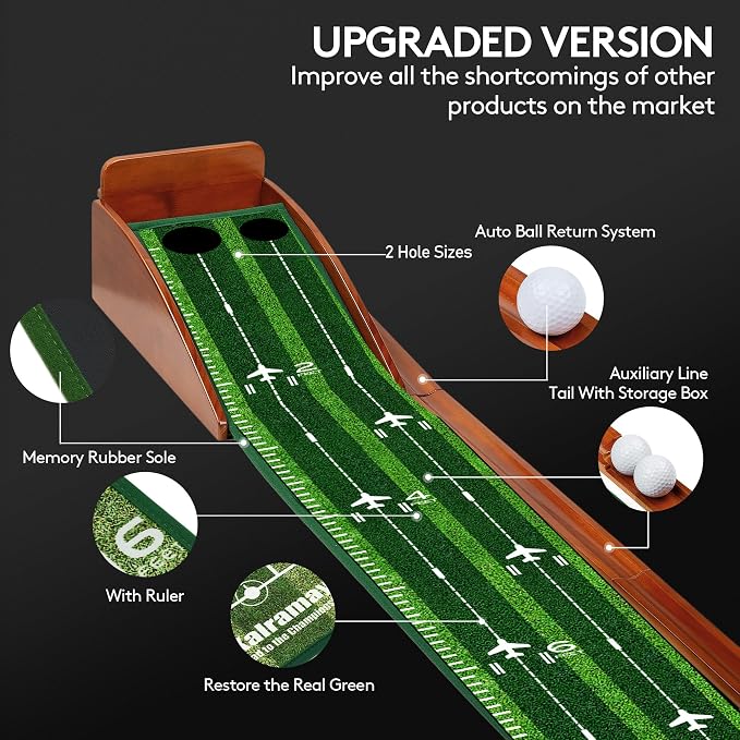 Kalramay Putting Green Indoor Golf Putting Mat – Easy to Assemble with Automatic Ball Return, Wrinkle-Free Close to Real Green Speed, Suitable for Office, Recreation Room, Patio – Ideal Gift