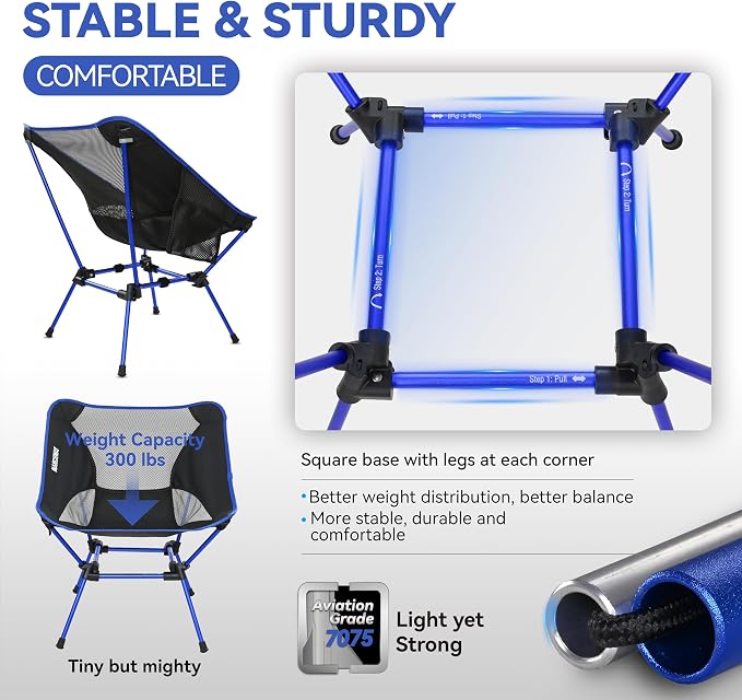MARCHWAY Ultralight Folding Camping Chair, Heavy Duty Portable Compact for Outdoor Camp, Travel, Beach, Picnic, Festival, Hiking, Lightweight Backpacking (Dark Blue)