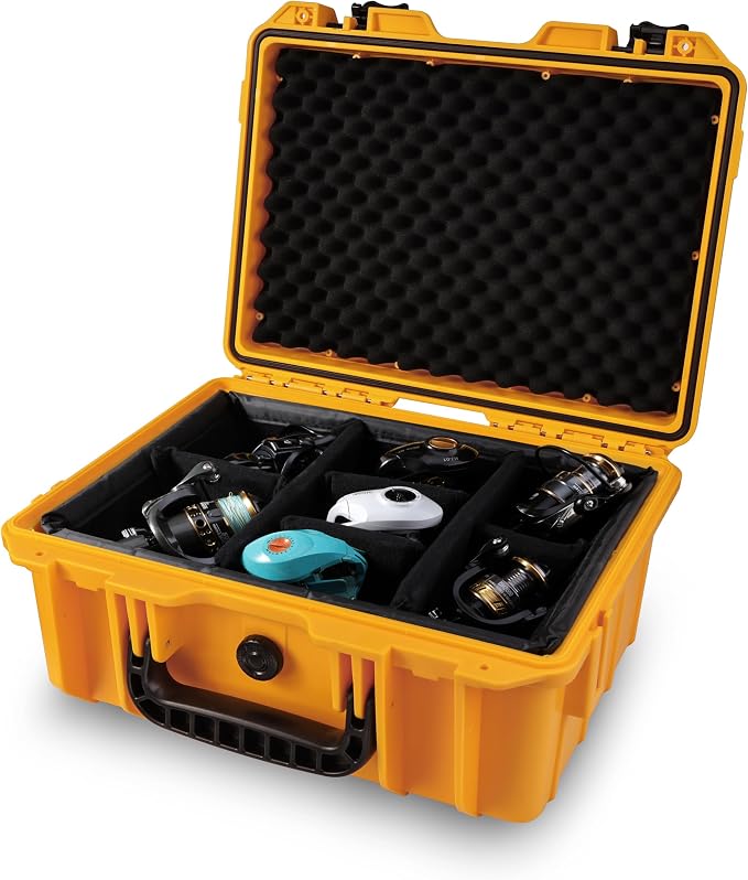Fishing Reels Storage Case 15Inches,Heavy Duty Waterproof Fishing Wheel Protective Hard Case, Tackle Collection Holder Box, 9pcs Adjustable Shockproof Dividers (Yellow)