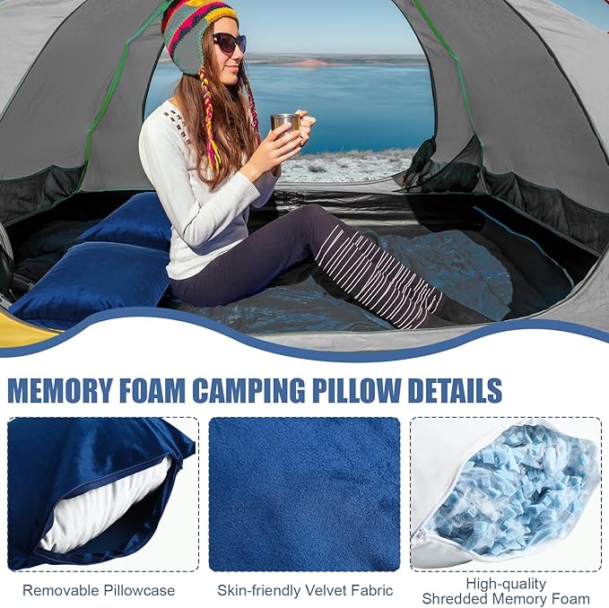 SmoothNovelty 2 Pack Camping Pillow for Sleeping Shredded Memory Foam Travel Pillow with Storage Bag, Compressible Portable Pillow for Outdoor Camp Backpacking Hiking Essential Gear(Blue,Medium)