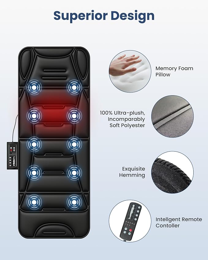 COMFIER Full Body Massage Mat Pad, Heating Vibrating Massage Chair Pad with 10 Vibration Motors, 5 Massage Modes and Auto Shut Off, Gift for Men Women