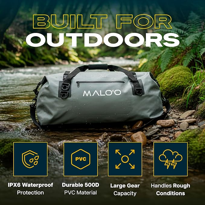 Malo’o Waterproof Dry Duffel, Heavy-Duty Roll Top Waterproof Gear Bag with Shoulder Strap & Molle Loops, Marine Duffel for Kayaking, Boating, Camping, Beach & Travel, Grey, 60L