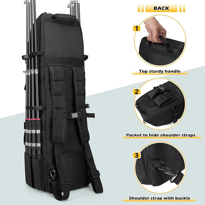 Rexmica Fishing Backpack Holds 8 Rods & Reels, Fishing Tackle Bag with Compartment for Tackle Boxes, Fishing Gear or Equipment, Fishing Rod Case Backpack, Fishing Pole Bag with Tactical Molle System