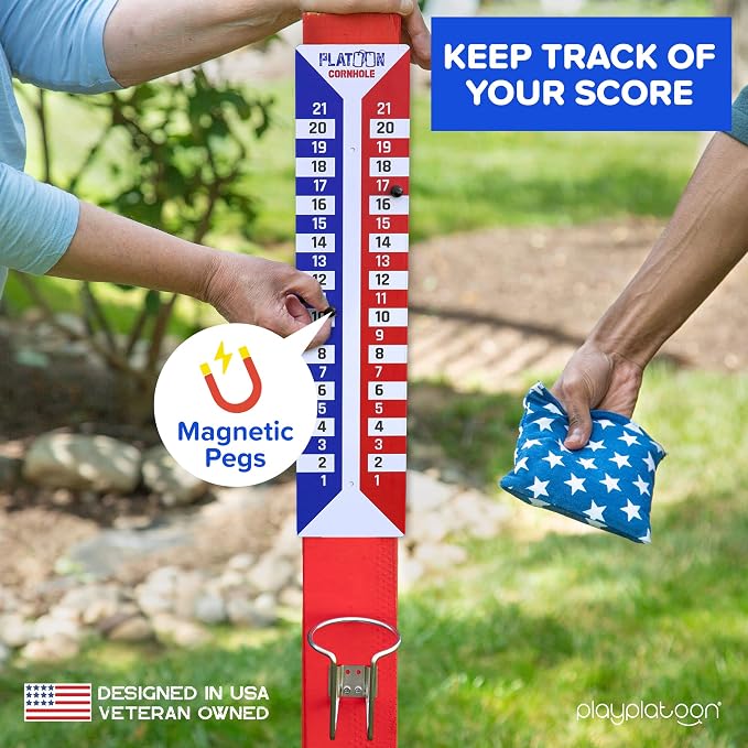 Play Platoon Cornhole Scoreboard Vertical Score Keeper Board & Accessories 4 Magnets, 4 Clothes Pin, PVC Tower Stand & Carry Bag Holder for Professional Corn Hole Bag Tournament