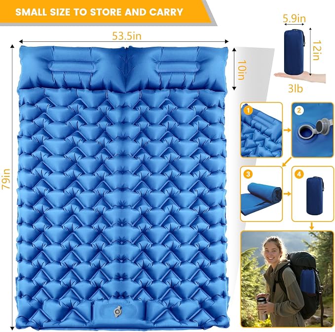 Sleeping Pad for Camping 2 Person, Double Camping Pad with Built-in Foot Pump and Pillow, Inflatable 4in Extra-Thick Ultralight Air Mattress for Backpacking, Hiking, Travel, Tent, Car, Gift