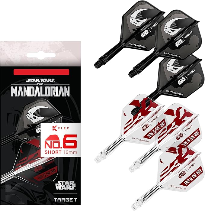 Target Darts Star Wars Mandalorian K Flex Integrated Dart Flights & Shafts | Character Inspired Pack of 3 K-Flex, No.2 & No.6 | Short, Intermediate & Medium Disney Kflex Accessories