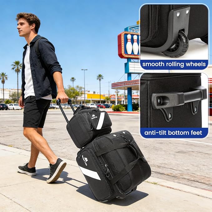 3 Ball Bowling Bags with Wheels, 2 Ball Bowling Bags Double roller with Single Ball Tote, Multi-Pockets & Shoe Compartment (Fits Up to Size 15).