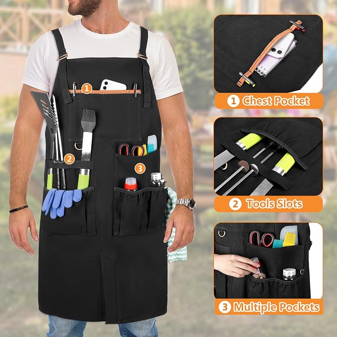 HODRANT Hanging Camp Utensil Organizer & Anti-oil BBQ Grilling Apron, Camping Kitchen Cookware Bag with Towel Paper Holder & Cooking Apron for Men & Women with Dual Shoulder Straps & Adjustable Buckle