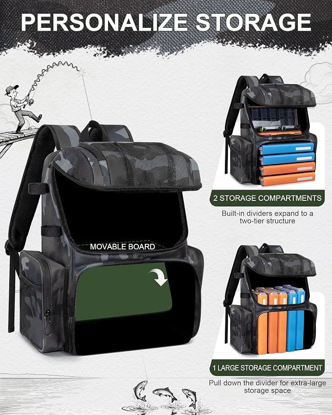 Fishing Backpack, Large Water Resistant Tackle Bag Storage Fishing Gear and Equipment, Built-in Cooler Compartment Khaki